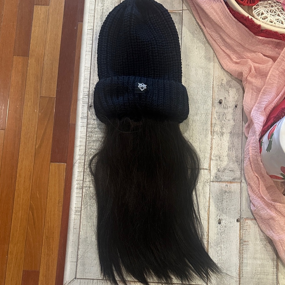 Chelsey Smith  Black Knit Beanie with Black straight synthetic hair